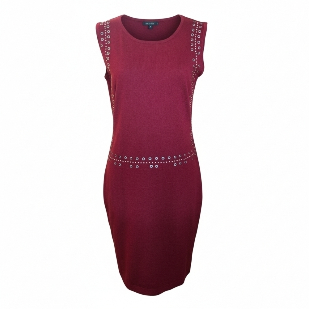 Lapis Burgundy Sleeveless Dress Women's XL Grommet Detail, Stretch Fabric Midi